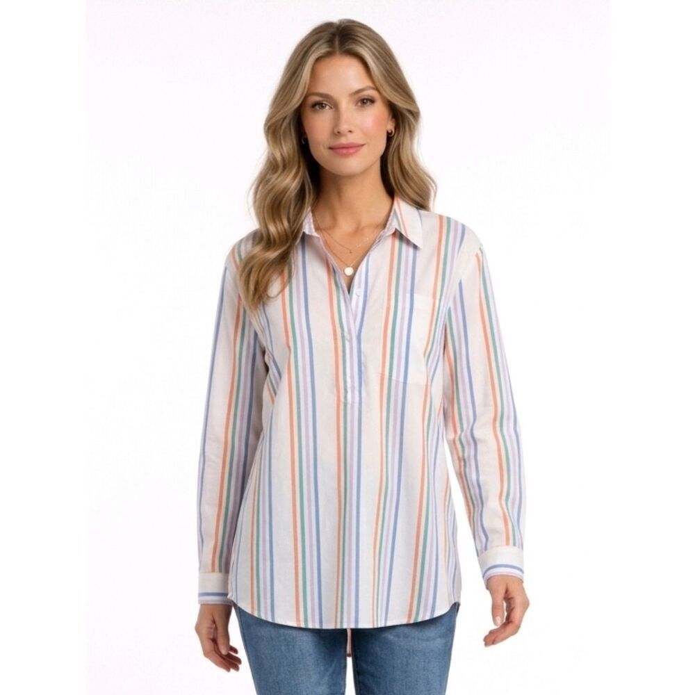 Lands' End Striped Cotton Linen Blend Long Sleeve Half Button Down Tunic Size XL